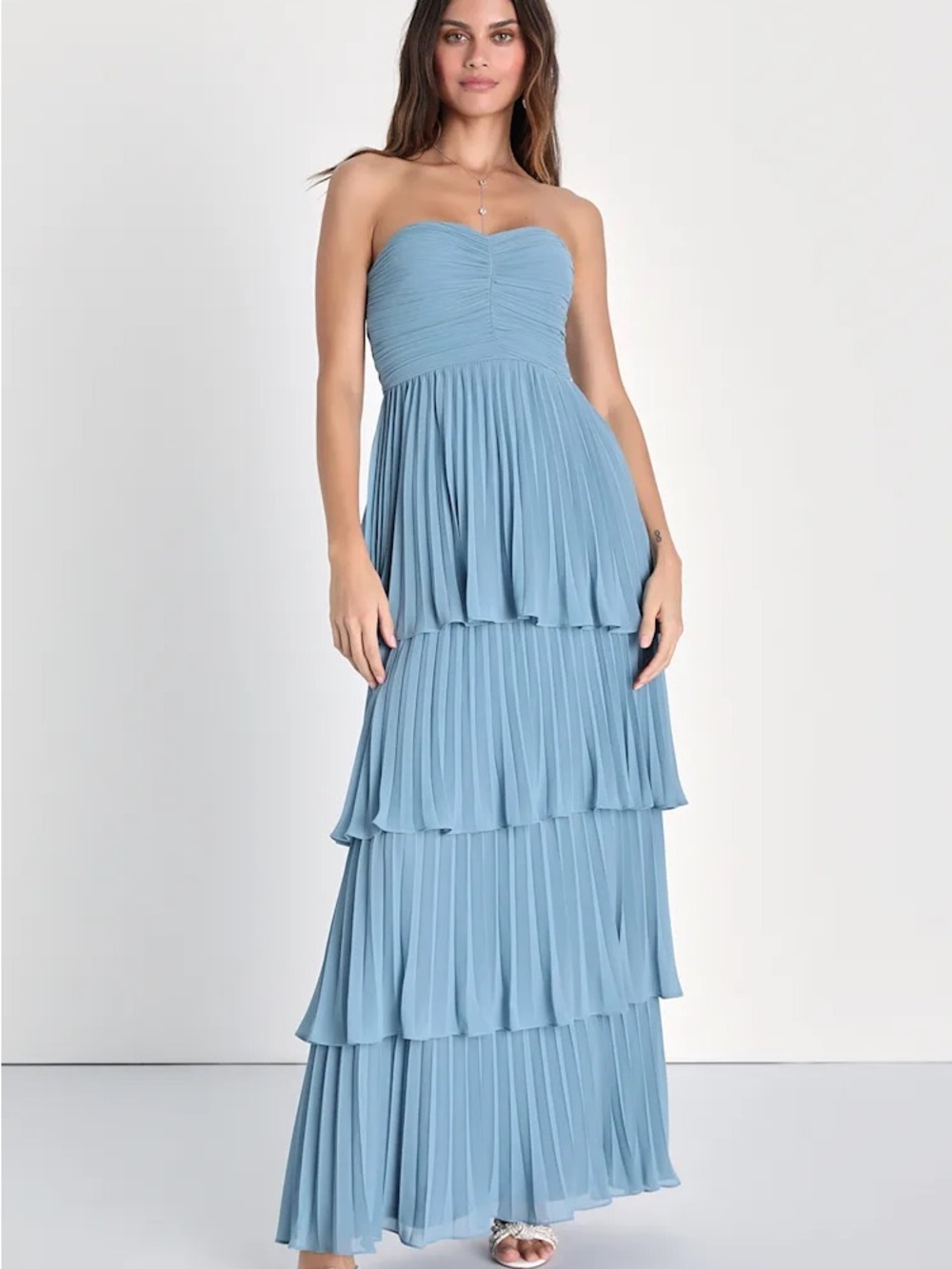 Lulu's Strapless Tiered Pleated Maxi Dress in Light Blue